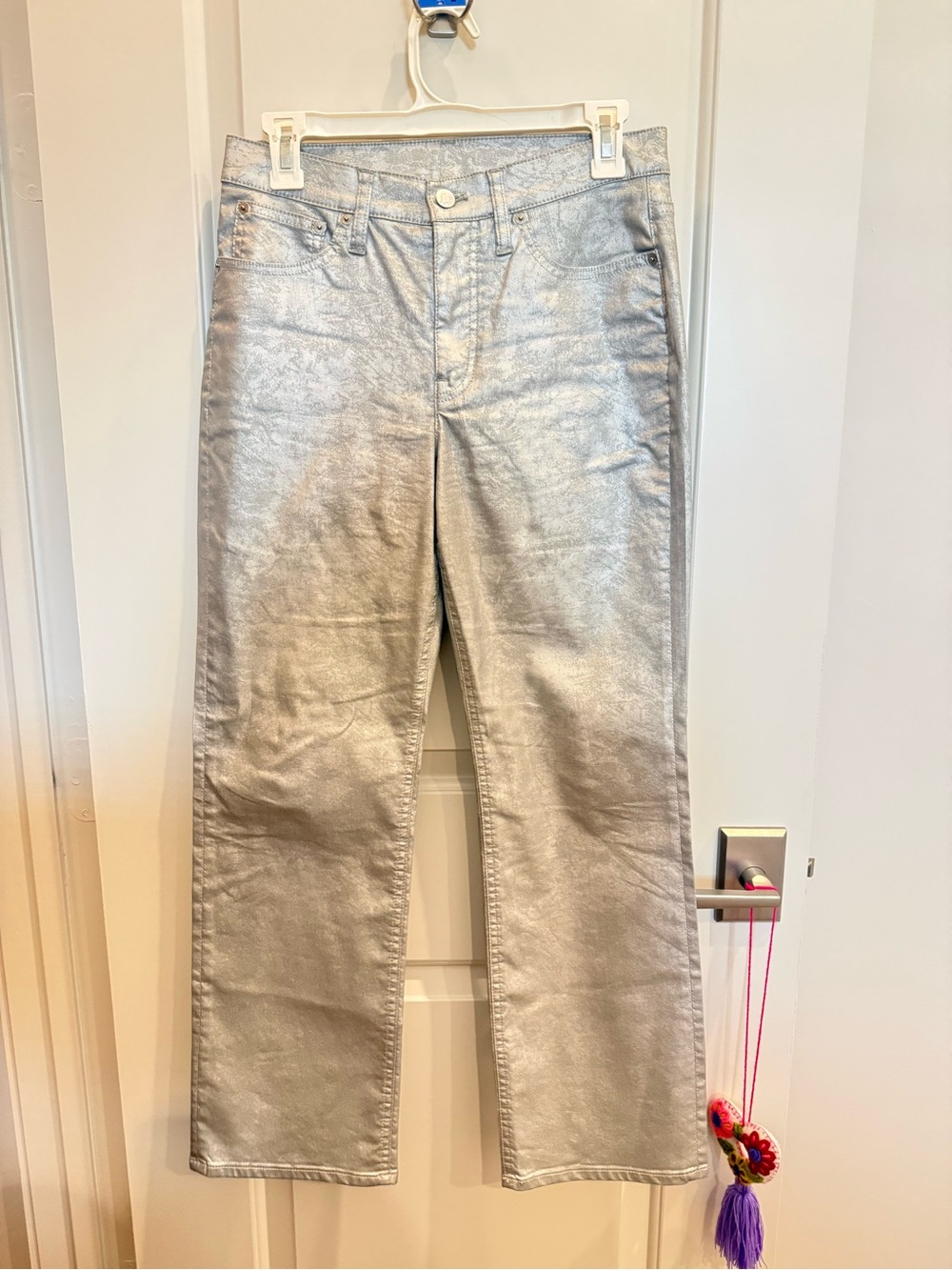 Metallic Silver Women's Straight-Leg Pants